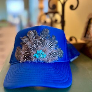 Feather Trucker Hat, Royal Blue with Turquoise pieces, Western trucker, Rodeo, Boho Trucker, Cowgirl, Handcrafted trucker