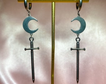 Moon & Sword Earrings - Stainless Steel (Tarnish-free, Waterproof, Hypoallergenic)