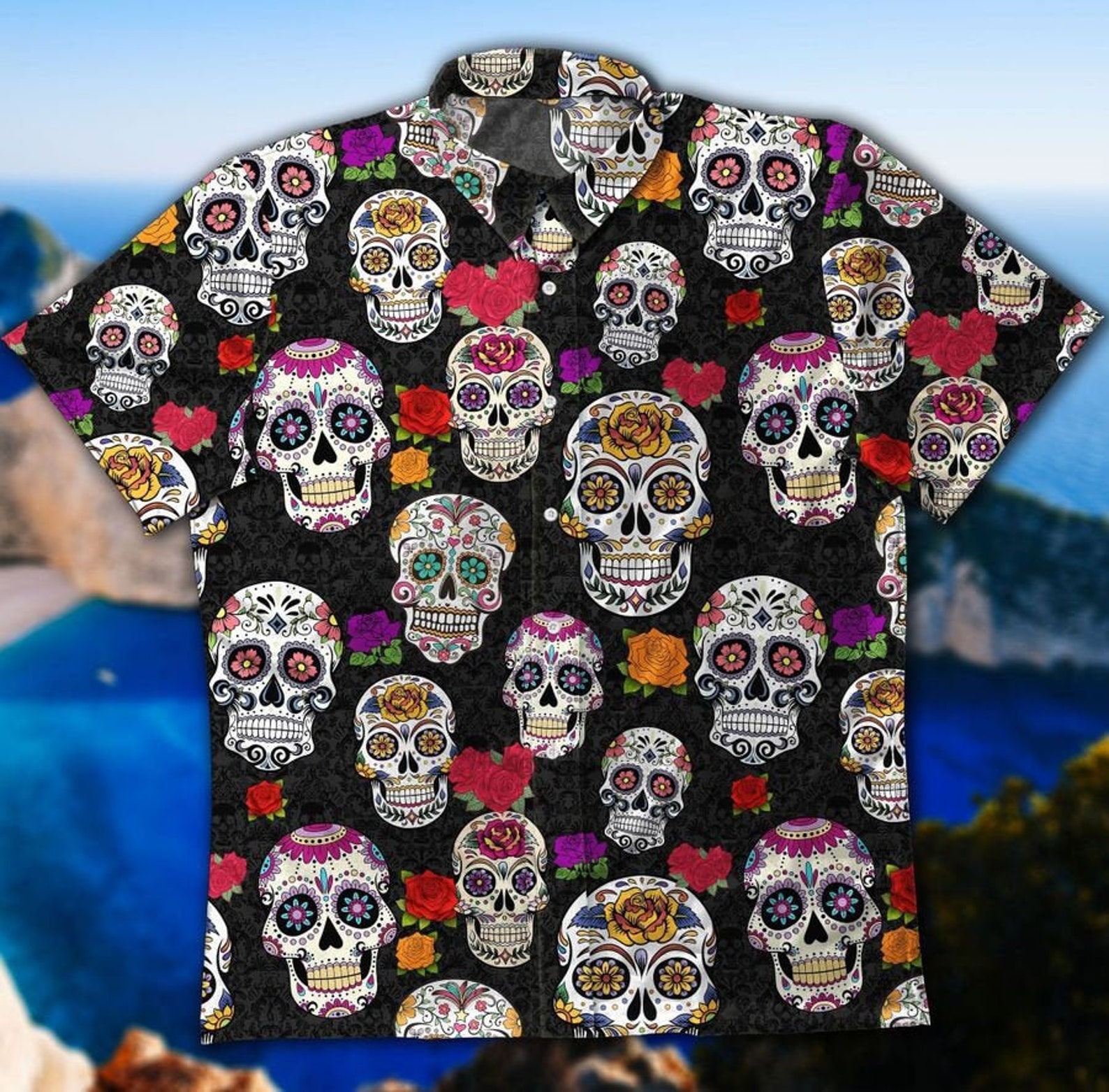 Sugar Skull Hawaiian Shirt/ Skull Button Up Shirt/ Men | Etsy