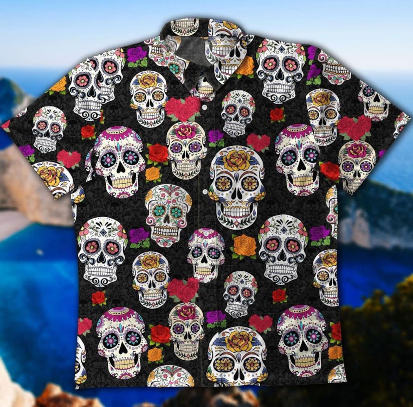 Sugar Skull Hawaiian Shirt/ Skull Button Up Shirt/ Men Etsy