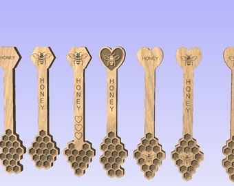 May include: Set of eight wooden honey dippers with different designs. The dippers are shaped like hearts and hexagons and feature bee and honeycomb designs. The dippers are engraved with the word "honey".