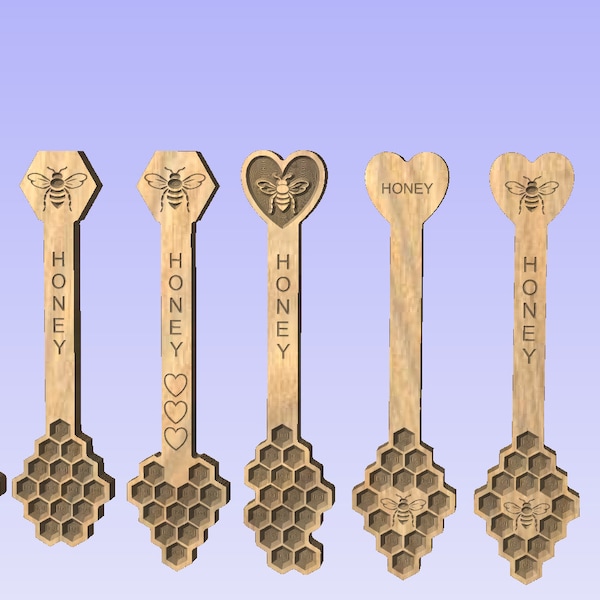 7 fichiers numériques Honey Dipper, fichier de coupe cnc, DXF, EPS, PDF, fichiers Vectric aspire et V-Carve inclus, cuillère à louche pour pot de miel