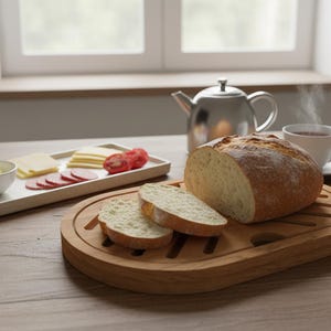 May include: A rustic breakfast scene featuring a loaf of bread, sliced and displayed on a wooden breadboard. A tray holds cheese, sliced tomatoes, and salami. A silver teapot and a cup of tea complete the setting.