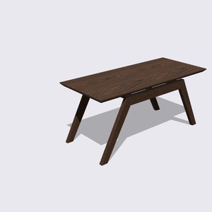 May include: A dark brown wooden table with a rectangular top and angled legs. The table has a simple, modern design.