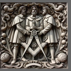 May include: A detailed relief sculpture featuring three figures in robes, holding a compass and a staff. The figures have beards and are surrounded by ornate carvings, including spheres and floral designs. The overall color is a muted off-white.