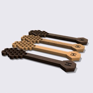 Honery dipper file here shown in 4 different wood materials with the letter H for Honey on the top. CNC cut files included for Aspire and V-Carve