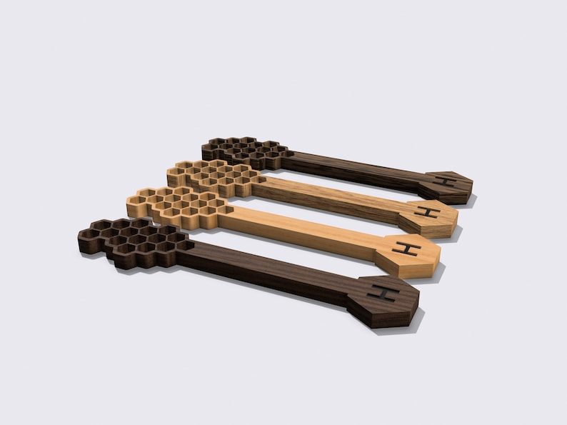 Honery dipper file here shown in 4 different wood materials with the letter H for Honey on the top. CNC cut files included for Aspire and V-Carve