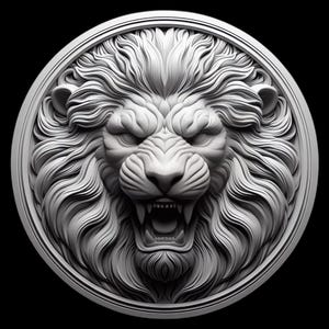 Può includere: Scultura a rilievo bianca di una testa di leone in una cornice circolare. Il leone ha la bocca aperta e una criniera dettagliata. Lo sfondo è nero, evidenziando gli intricati dettagli della scultura.