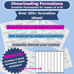 May include: A digital guide titled Cheerleading Formations with over 200 formation ideas for teams of 8-20. The document features diagrams of cheerleading routines, text prompts about saving time and getting inspired, and a bonus section with two blank templates.