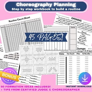 May include: A 45-page choreography planning workbook featuring a routine count sheet, formation diagrams, and jump tracking charts. The document includes text headers like Choreography Planning, 45 PAGES!, and tips from a certified judge.