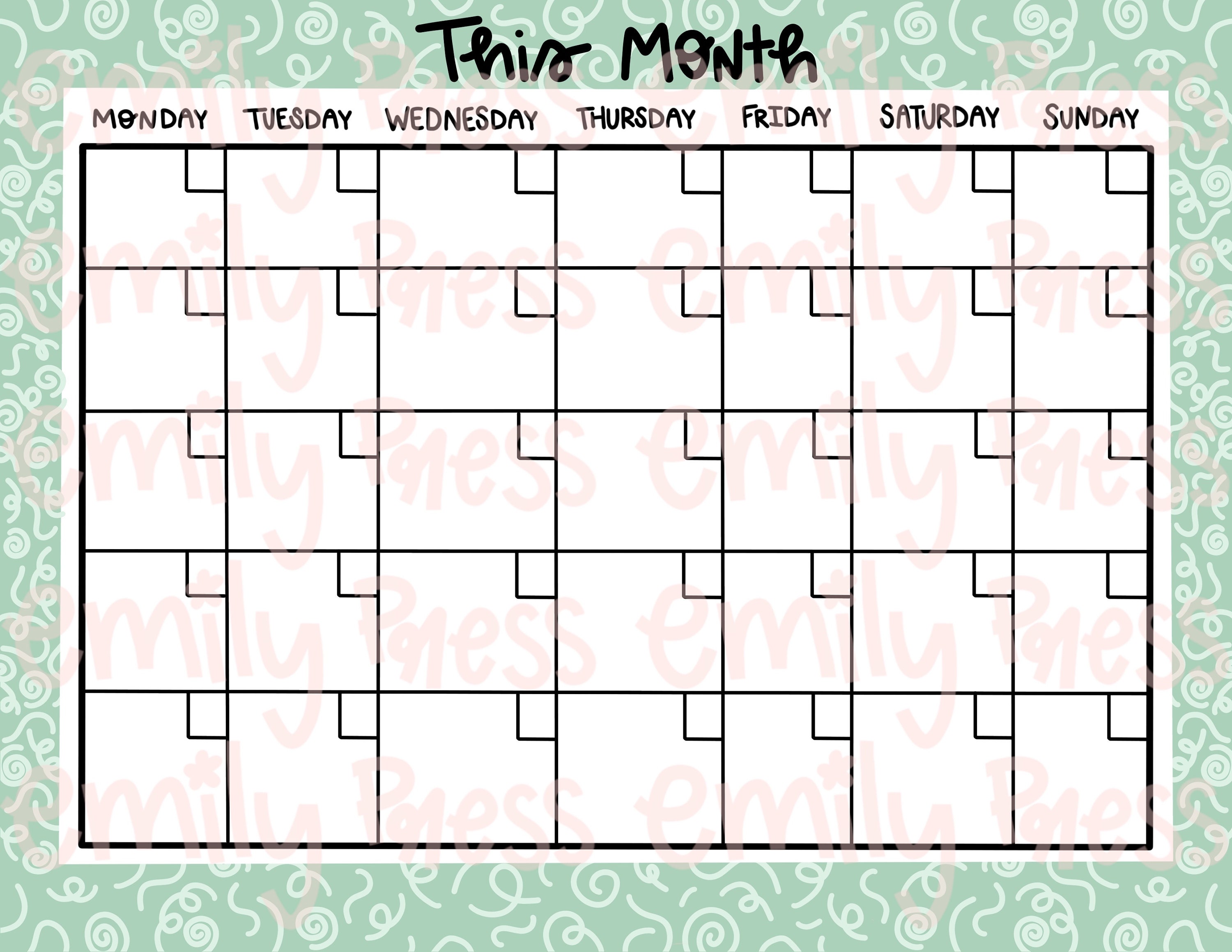 Green Monthly Calendar Printable Digital Download Etsy