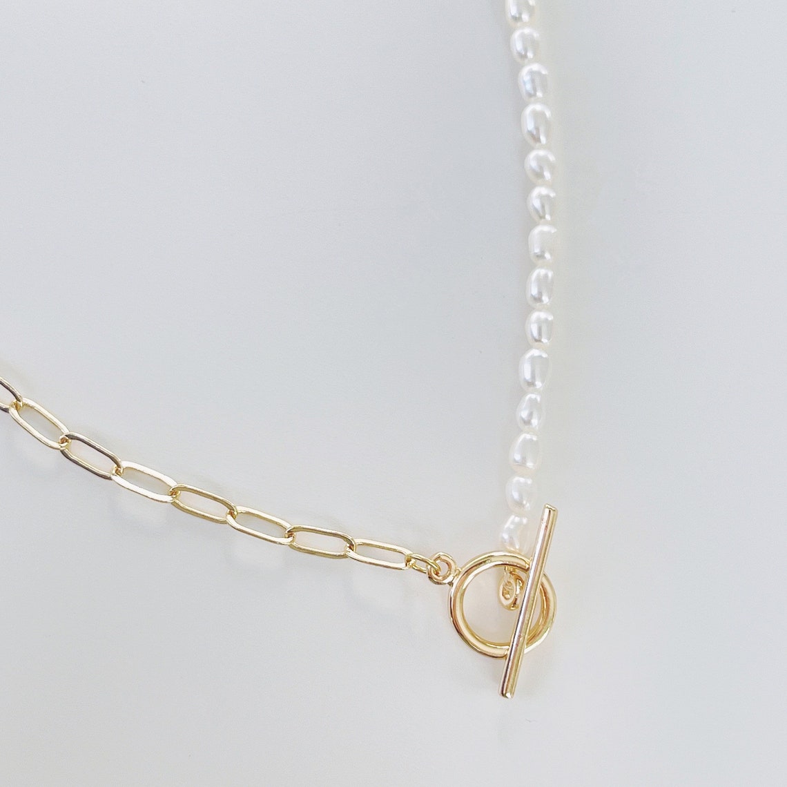 Half Pearl Half Gold Chain Necklace Pearl Choker Necklace T Etsy