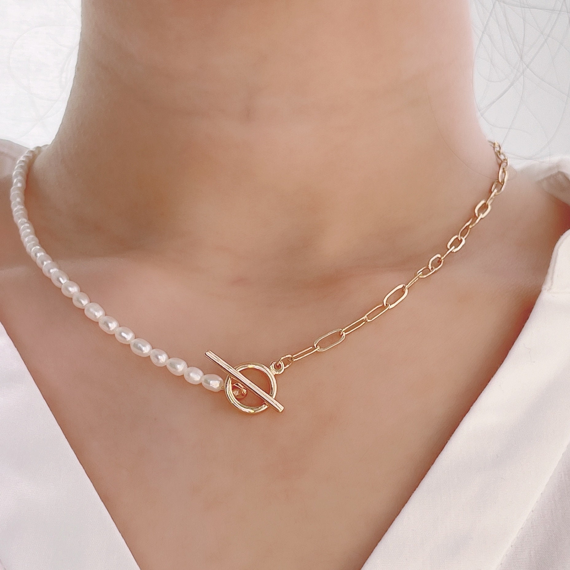 Half Pearl Half Gold Chain Necklace Pearl Choker Necklace T | Etsy