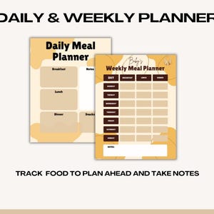 K&ouml;nnte beinhalten: Zwei druckbare Speiseplanvorlagen. Die erste ist ein t&auml;glicher Speiseplan mit Abschnitten f&uuml;r Fr&uuml;hst&uuml;ck, Mittagessen, Abendessen und Snacks. Die zweite ist ein w&ouml;chentlicher Speiseplan mit Abschnitten f&uuml;r Fr&uuml;hst&uuml;ck, Mittagessen und Abendessen f&uuml;r jeden Tag der Woche. Beide Planer haben ein gelbes und braunes Farbschema mit abstrakten Formen.