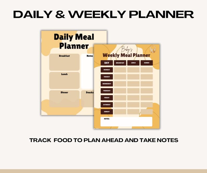 K&ouml;nnte beinhalten: Zwei druckbare Speiseplanvorlagen. Die erste ist ein t&auml;glicher Speiseplan mit Abschnitten f&uuml;r Fr&uuml;hst&uuml;ck, Mittagessen, Abendessen und Snacks. Die zweite ist ein w&ouml;chentlicher Speiseplan mit Abschnitten f&uuml;r Fr&uuml;hst&uuml;ck, Mittagessen und Abendessen f&uuml;r jeden Tag der Woche. Beide Planer haben ein gelbes und braunes Farbschema mit abstrakten Formen.
