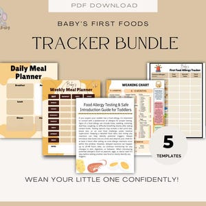 K&ouml;nnte beinhalten: Ein druckbares PDF-Paket mit 5 Babynahrung-Tracker-Vorlagen. Die Vorlagen umfassen einen t&auml;glichen Speiseplan, einen w&ouml;chentlichen Speiseplan, eine Abstilltabelle und einen Tracker f&uuml;r die ersten Lebensmittelallergien. Das Paket soll Eltern dabei helfen, die Nahrungsaufnahme und Allergien ihres Babys zu verfolgen.