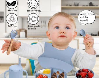 Ultimate 6-Piece Silicone Baby Feeding Set - Perfect for Baby Led Weaning with Suction Bowl, Divided Toddler Plate, Spoon, Fork, and Bib!