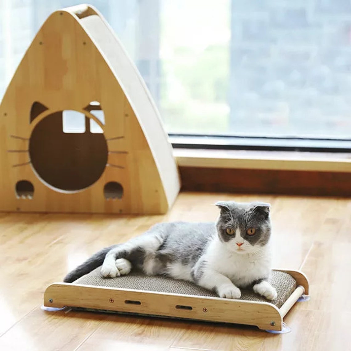 Cat Board Scratcher Cardboard Box Minimal with Suction Cup Etsy