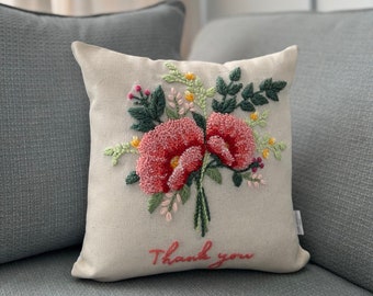 Floral Thank You Punch Needle Pillow Case, Mother's Day Gift, Gift For Granny, Thank You Teacher, Mum Presents, Unique Throw Pillow