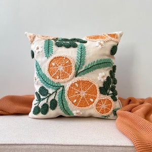 Oranges Punch Needle Pillow Cover, Embroidered Pillow, Fruit Pillow, Sofa Cushion, Maximalist Decor, Unique Pillows