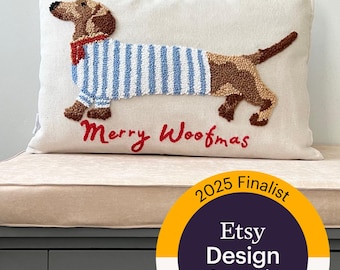 Cuscino natalizio con ricamo a punto punch a forma di bassotto/bassotto, cuscino unico per animali domestici Merry Woofmas, grazioso cuscino ricamato