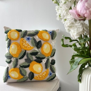 Punch Needle Lemons Pillow Case, Embroidered Cushion Cover, Lemon Art, Lemon Gifts, Colorful Pillows, Unique Pillow