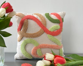Colorful Abstract Punch Needle Embroidered Throw Pillow Cover, Squiggles Colorful Pillow, Unique Pillow, Cute Pillow, Throw Pillow For Bed