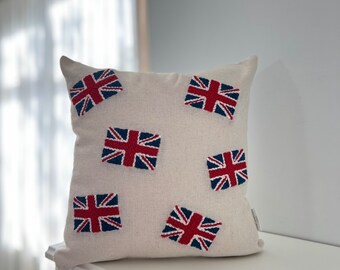 Union Jack Punch Needle Throw Pillow Cover, Kings Coronation Decor, Garden Party Decor, Outdoor Cushion, British Flag Coronation Gifts