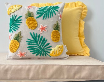 Pineapples Punch Needle Embroidered Throw Pillow, Colorful Pillow, Unique Pillow, Cute Pillow, Throw Pillow For Bed, Tropical Home Decor