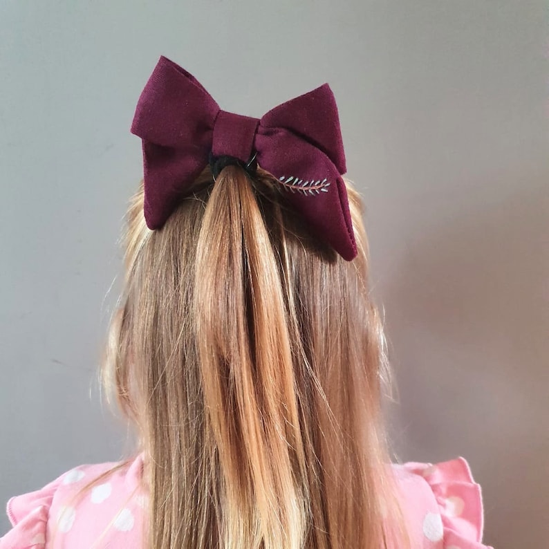 Girls Accessories Eco Hair Accessory Large Linen Hair Bow Burgundy Red Linen Hair Bow with Black Bobble Fabric Hair Bow Linen Hair Bow