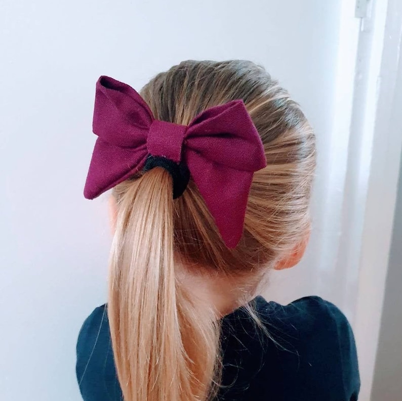 Girls Accessories Eco Hair Accessory Large Linen Hair Bow Burgundy Red Linen Hair Bow with Black Bobble Fabric Hair Bow Linen Hair Bow
