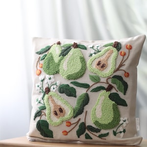 Juicy pears punch needle accent throw pillow cover, embroidered pillow, unique throw pillows, sage light green room decor aesthetic