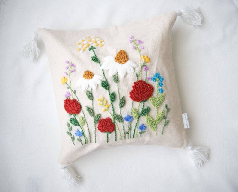 Punch Needle Floral Cushion Cover Floral Pillow Scatter Etsy