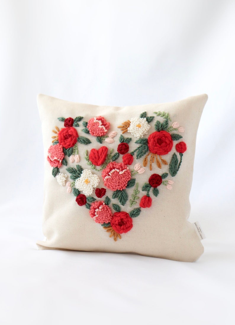 Heart Pillowcase Embroidered in Punch Needle. Valentines Day Gift for her and for him. Mothers Day Gift. image 1