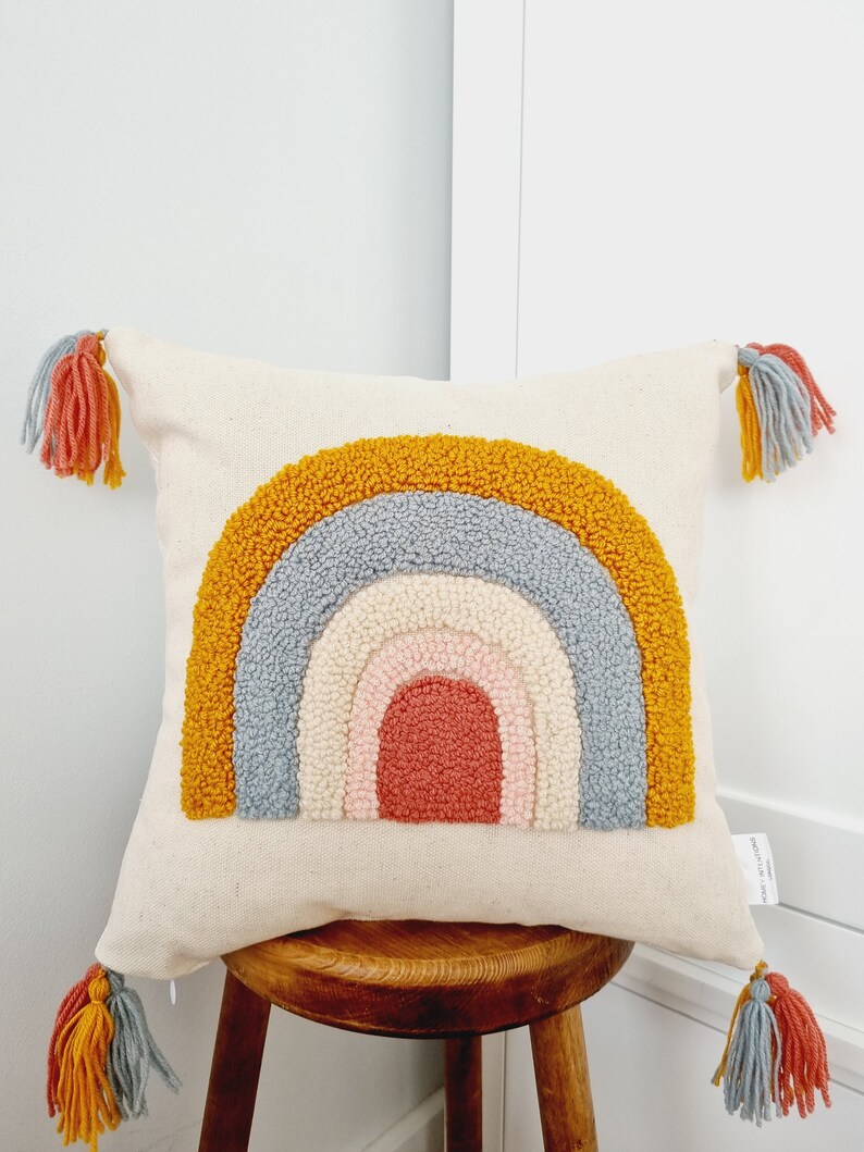 Punch Needle Rainbow Cushion Cover Floral Pillow Scatter Etsy