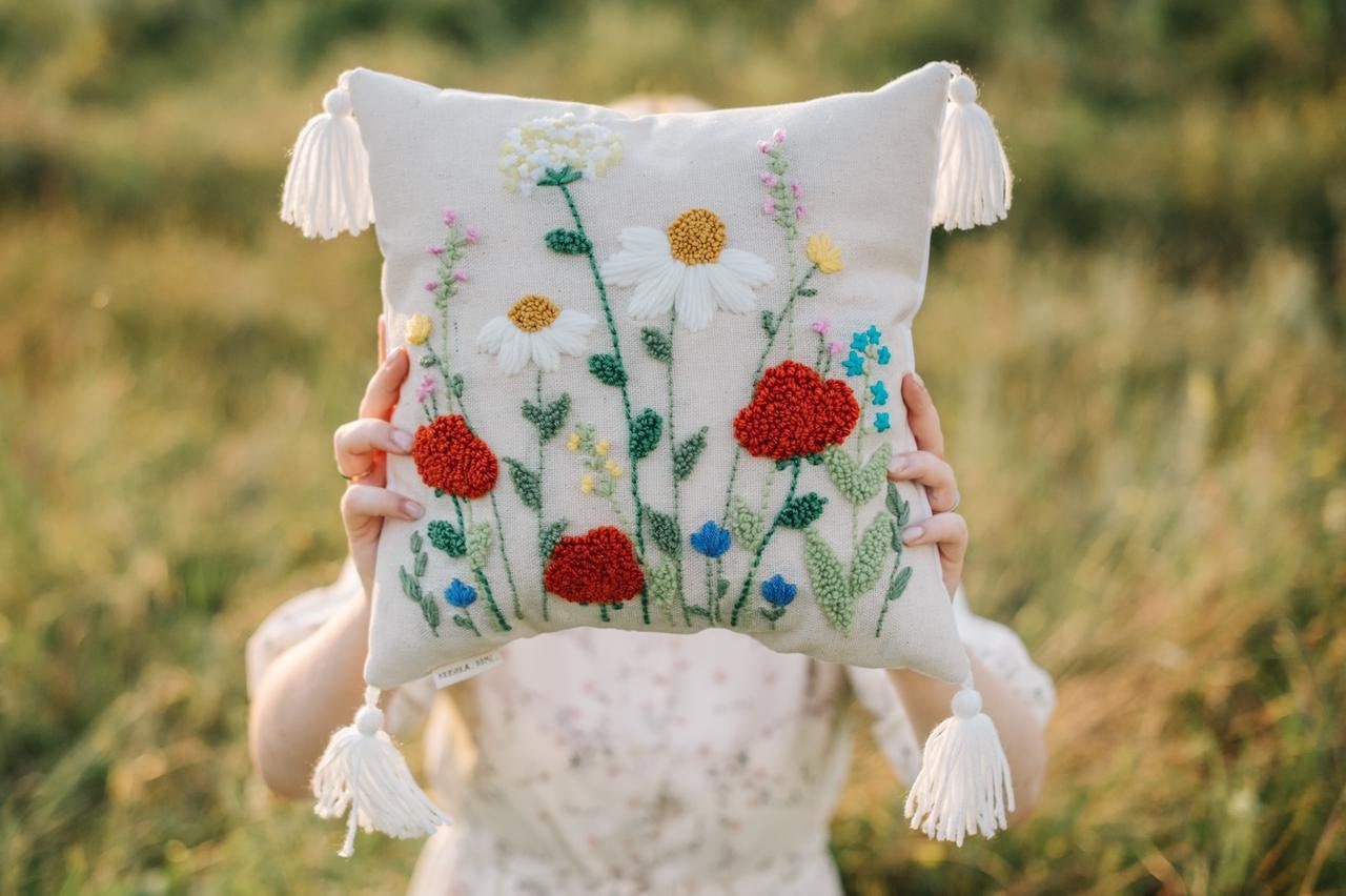 Punch Needle Floral Cushion Cover Floral Pillow Scatter Etsy