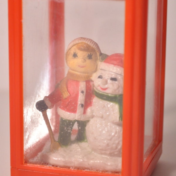 Vintage Red Lantern Snow Globe with Child and Snowman Made in Hong Kong Christmas Decoration Toy by Aaron's