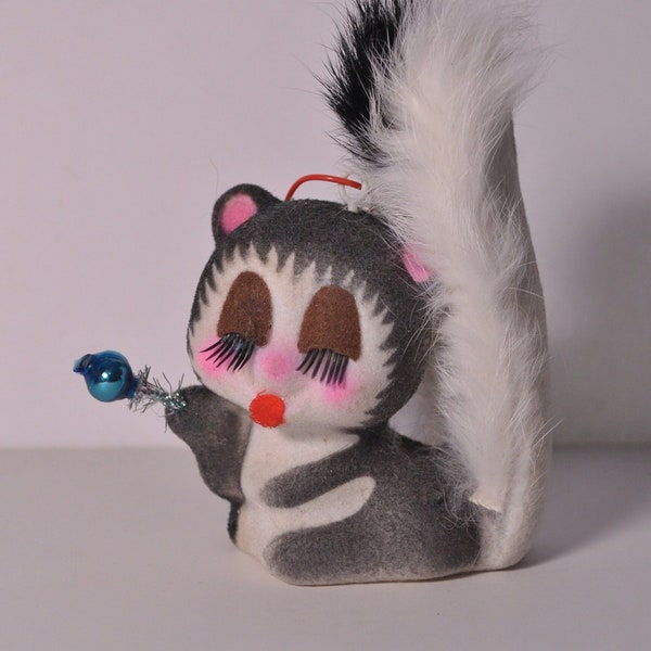 Vintage Kitsch Flocked Skunk with Big Eyelashes and Real Fur on Tail Figural Ornament Hong Kong 1960s Felted Cute Animal Figurine