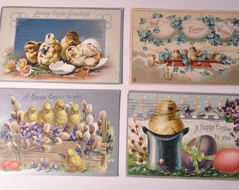4 Vintage Used Easter Postcards by Raphael Tuck and Sons 1909-1911 Chicks Eggs Series 701 704 705 no. 1738 Embossed Antique 1910s Airship