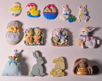 Lot of 13 VTG Easter Magnets Chicks Bunnies Eggs Plastic Resin Wood Cut Flocked Figural 1980s 1990s Refrigerator Magnets Bunny Rabbit China