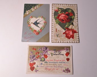 3 Antique John Winsch Valentine's Day Postcards Used 1908 1911 Embossed Gold Silver Roses Hearts Bird Swallow Vintage 1900s Posted Post Card