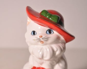 Vintage 1980s Lefton China Musical Spinning White Cat in Red Hat Christmas Music Box Made in Japan Porcelain Kitty Geo Z Lefton Hand Painted