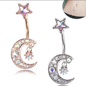 New Moon Star Design Belly Bar Piercing Crystal Navel Ring 316L Surgical Steel. Available in Silver and Rose Gold Colour