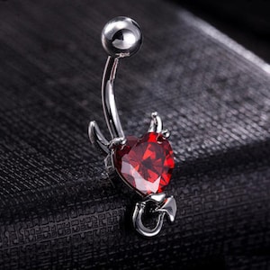 Unique Red Devil Design Belly Bar Piercing Crystal Navel Ring 316L Surgical Steel. Also Available in Different Colours