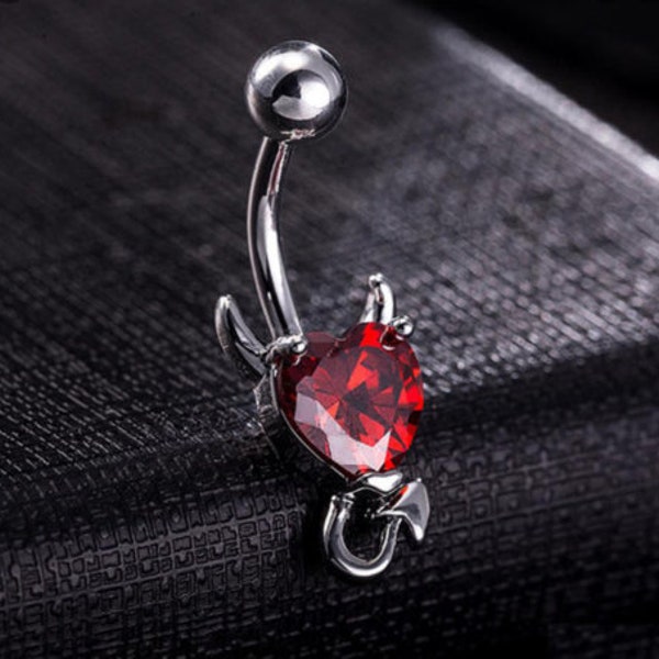 Unique Red Devil Design Belly Bar Piercing Crystal Navel Ring 316L Surgical Steel. Also Available in Different Colours