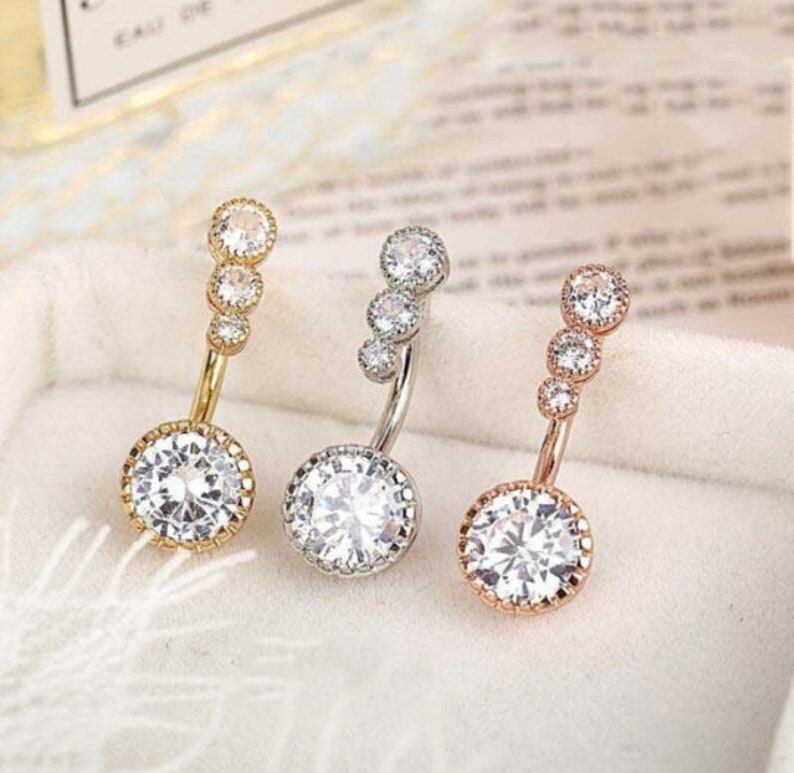 New Triple Stone Belly Bar Piercing Crystal Navel Ring 316L Surgical Steel