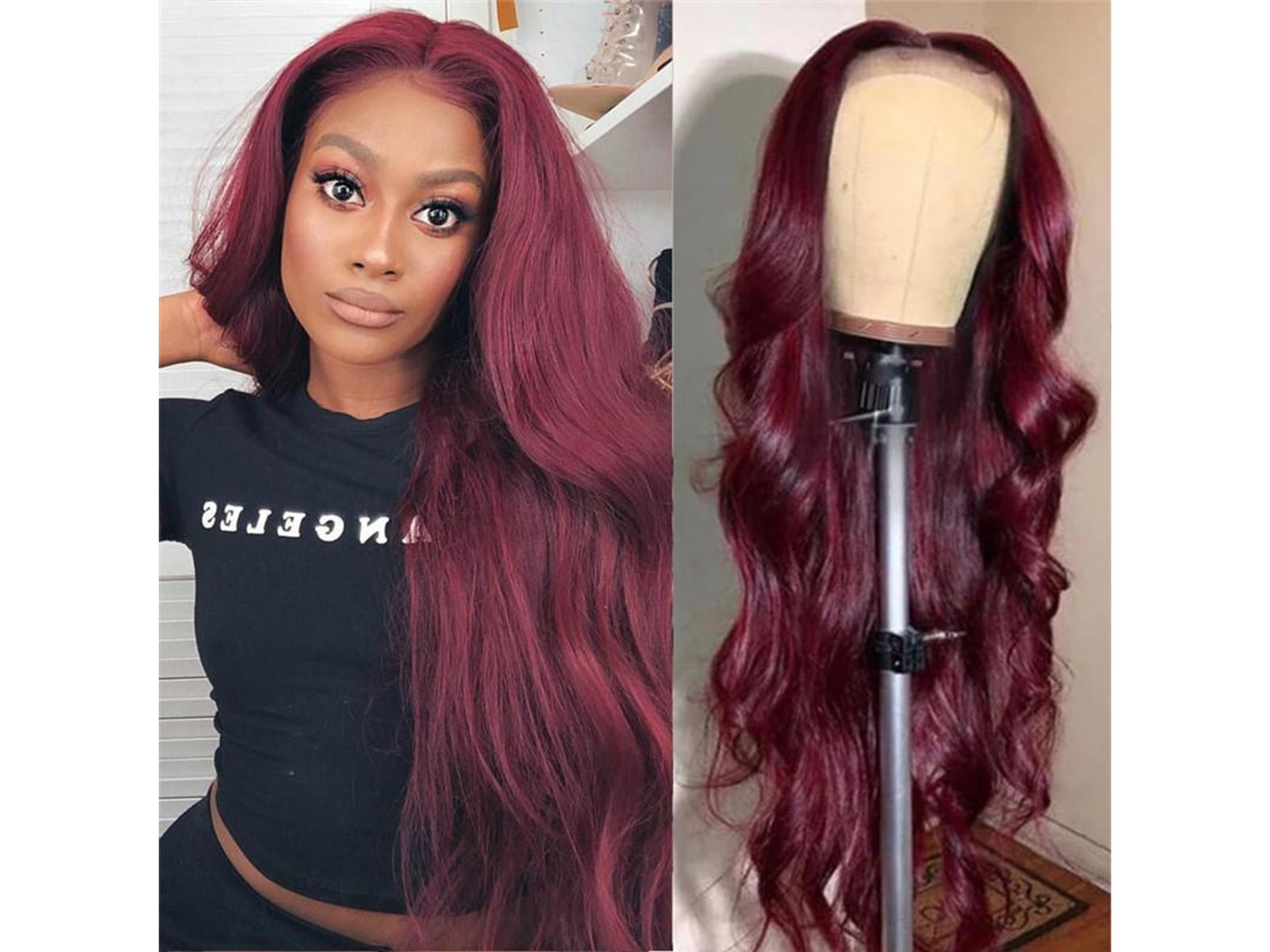 Lace Wig Wavy Human Hair Wig T Part Body Wave 99J Lace Wig Etsy