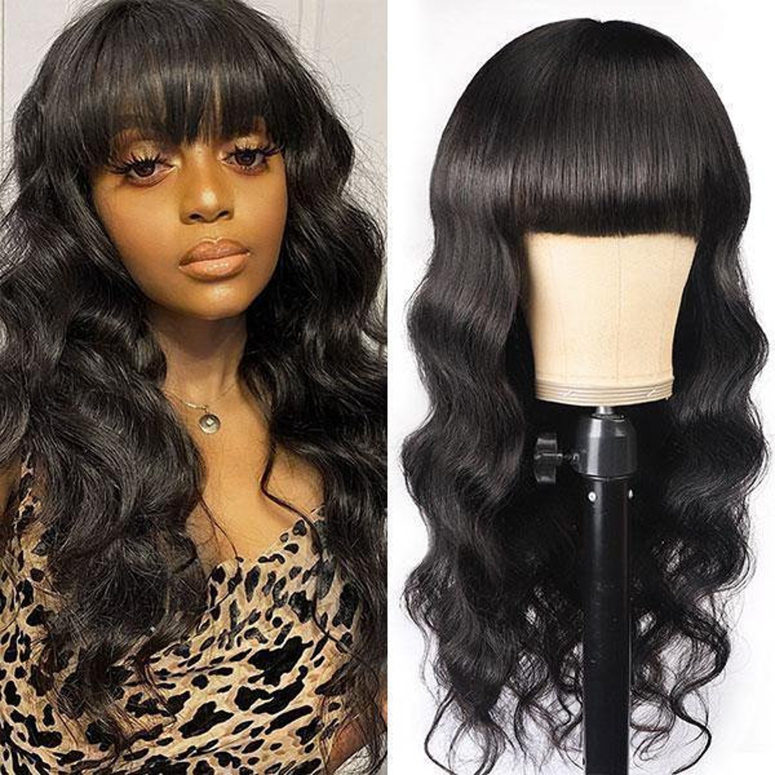 Bangs Wig Long Black Wig Body Wave Natural Color Human Hair Etsy