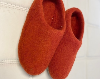 May include: A pair of rust-colored felt slippers. The slippers are soft and cozy, perfect for keeping your feet warm in the winter.