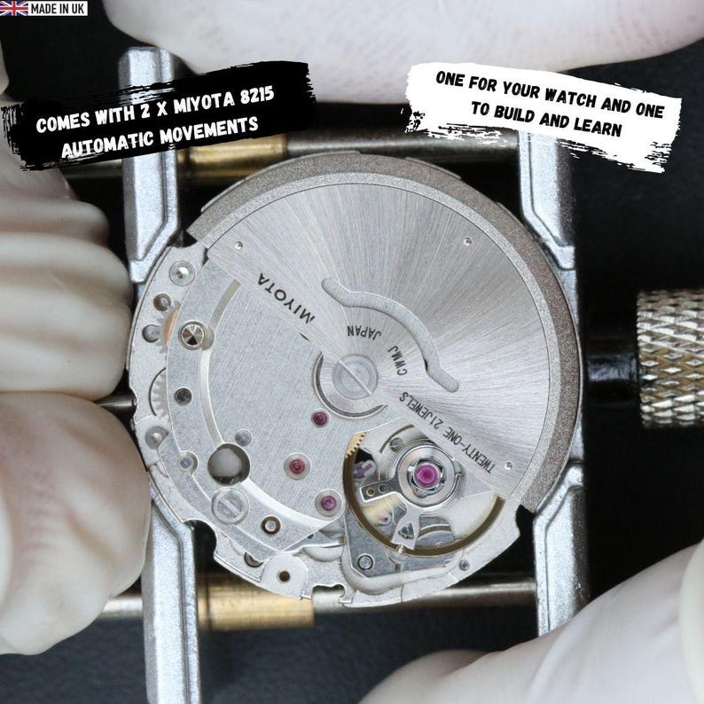 May include: A close-up of a watch movement with the text "MIYOTA JAPAN" and "TWENTY-ONE 21 JEWELS". The image also includes the text "COMES WITH 2 X MIYOTA 8215 AUTOMATIC MOVEMENTS" and "ONE FOR YOUR WATCH AND ONE TO BUILD AND LEARN".